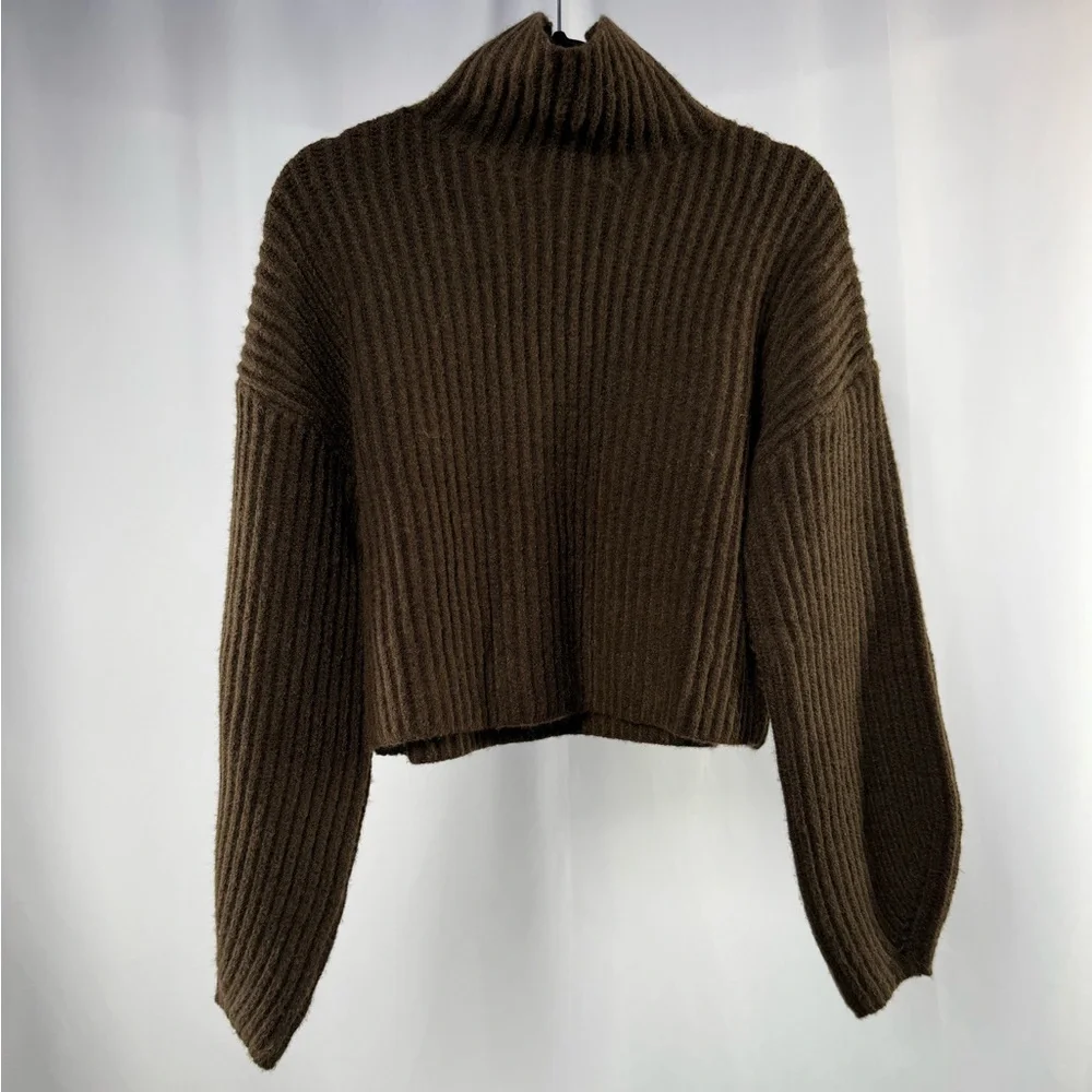 OAK + FORT Ribbed Mockneck Sweater in Chocolate Brown Size Extra Small - Picture 4 of 8